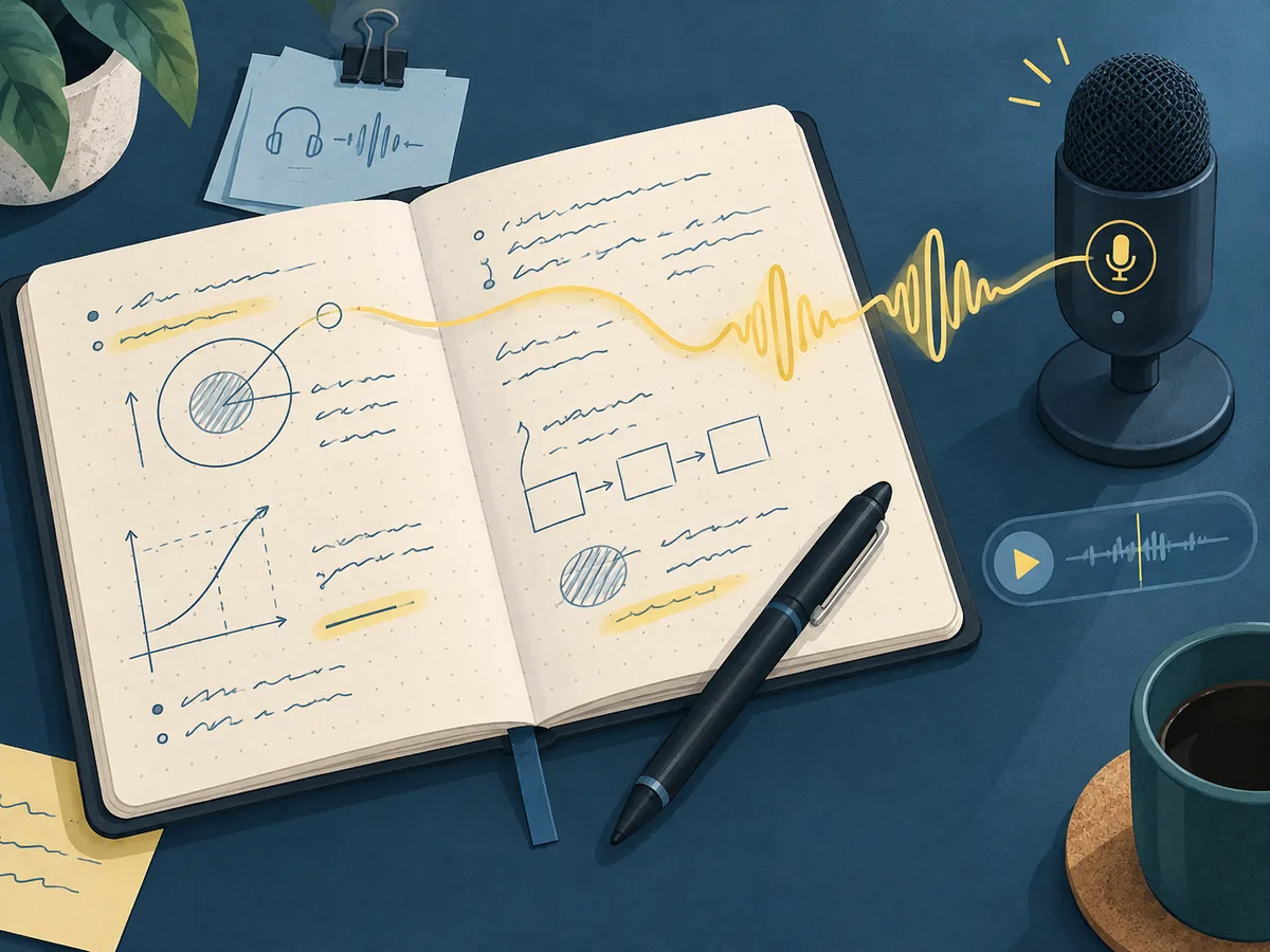 Editorial illustration of a microphone and waveform connected to handwritten notes
