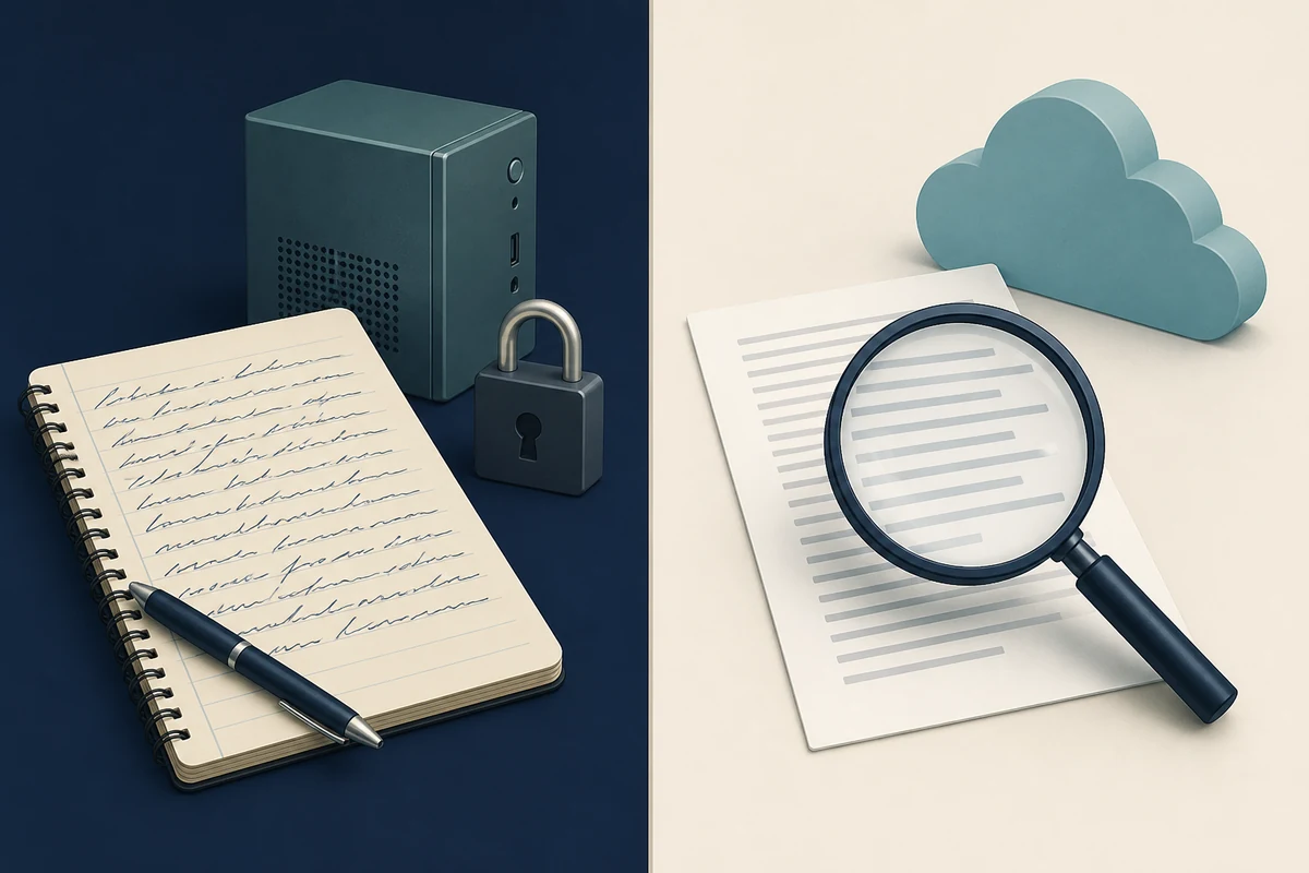 Konzeptillustration zur Trennung von Stifteingabe, externer OCR und Datenschutzprüfung