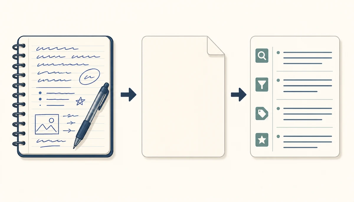 Konzeptdiagramm von bearbeitbaren Notizen über ein PDF zu einem separaten OCR-Schritt